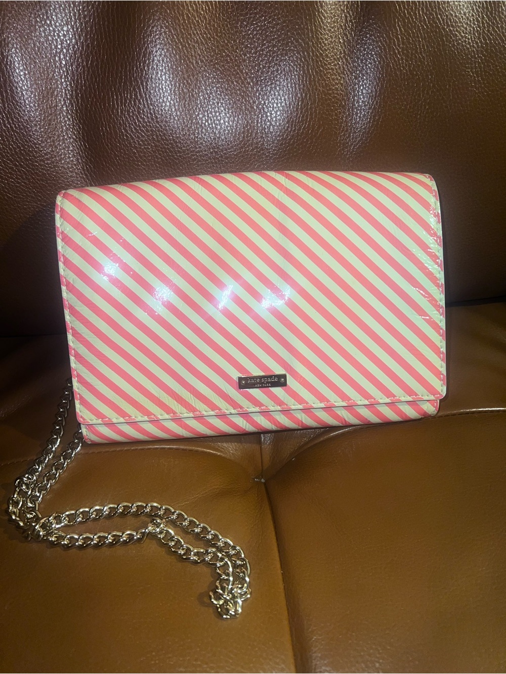 Kate Spade Pink and Cream Diagonal Stripe Chain Crossbody Bag